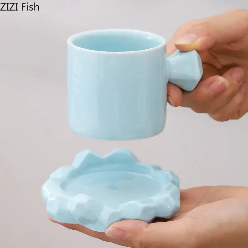 Faceted light blue porcelain coffee mug set kitchen ceramic decor