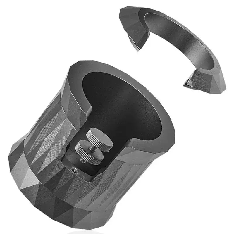 Faceted matte black metal espresso portafilter holder kitchen stand