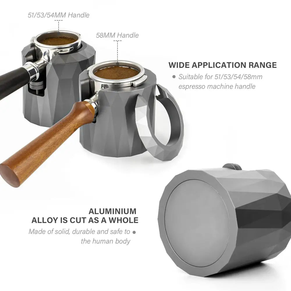 Faceted matte black metal espresso portafilter holder kitchen stand