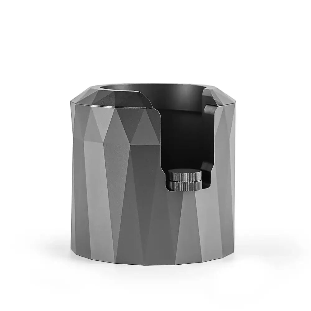 Faceted matte black metal espresso portafilter holder kitchen stand