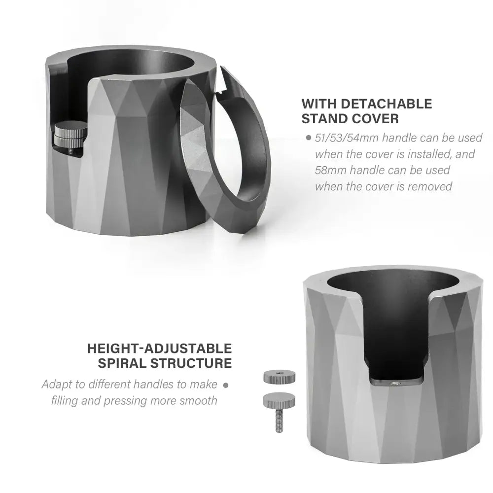Faceted matte black metal espresso portafilter holder kitchen stand