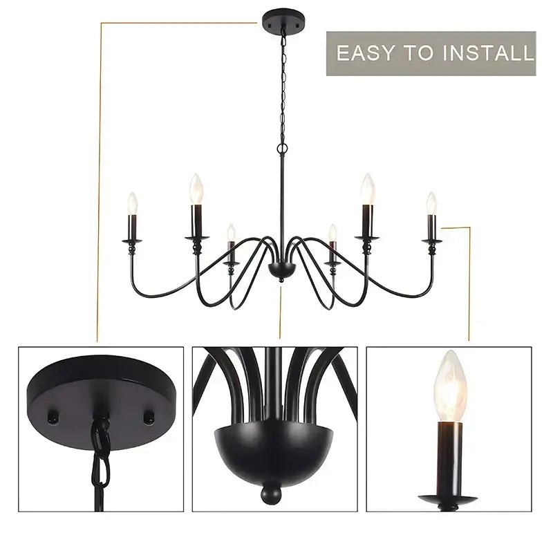 Farmhouse black 6-light chandelier dining room candle fixture