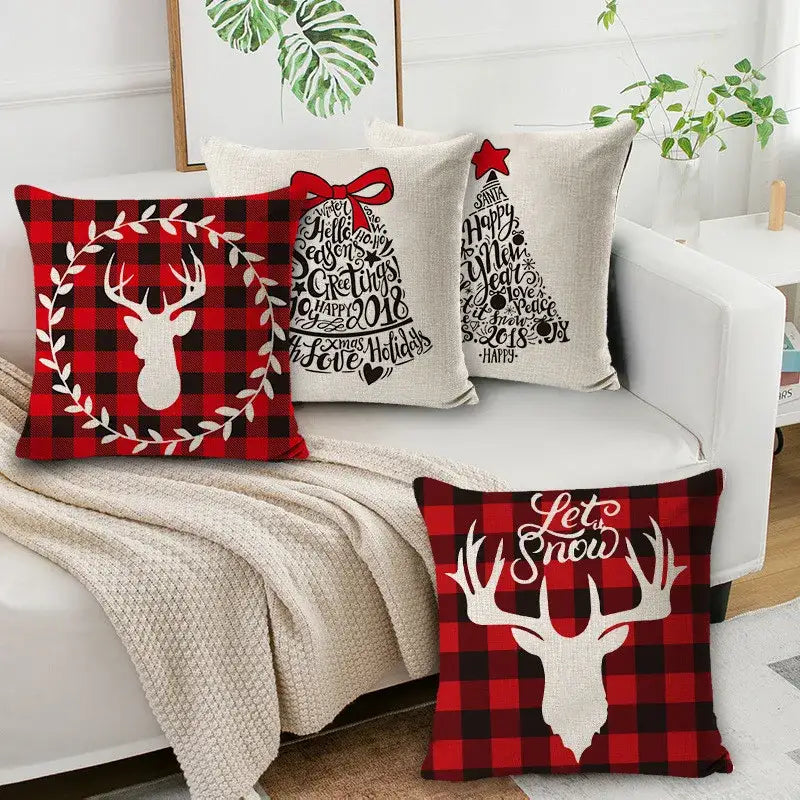 Festive red & black plaid elk print linen pillowcase living room decor