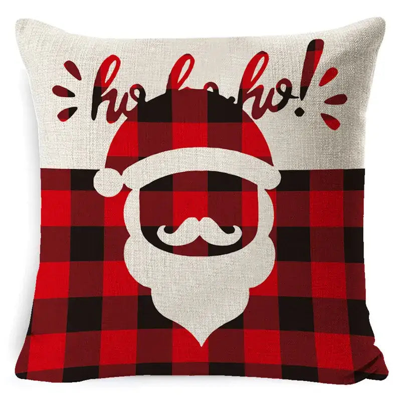 Festive red & black plaid elk print linen pillowcase living room decor