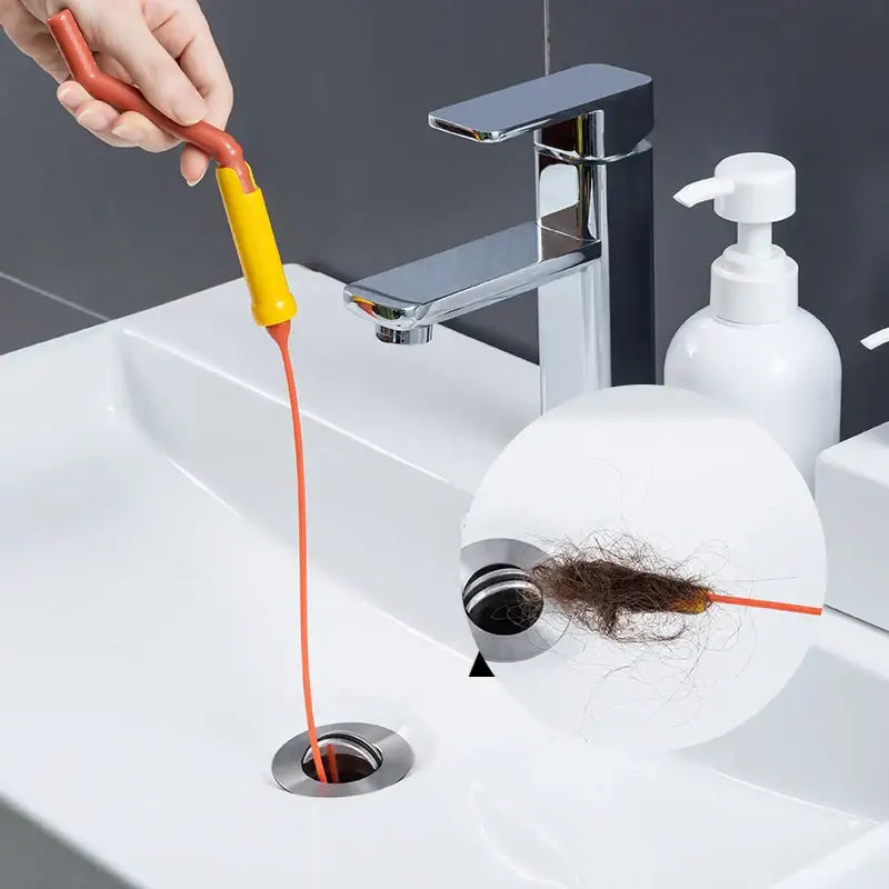 Flexible orange & yellow drain cleaner brush kitchen clog remover