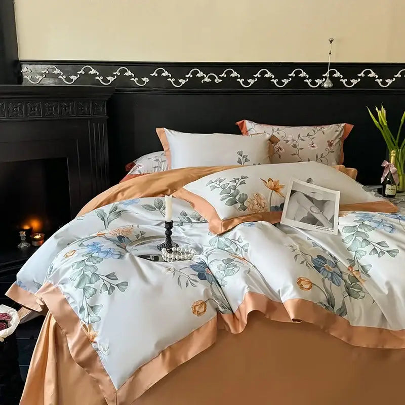 Floral cream & caramel egyptian cotton bedding set bedroom duvet cover
