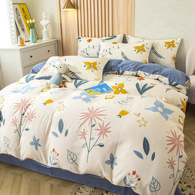 Floral cream cotton bedding set bedroom decorbites cat bear print