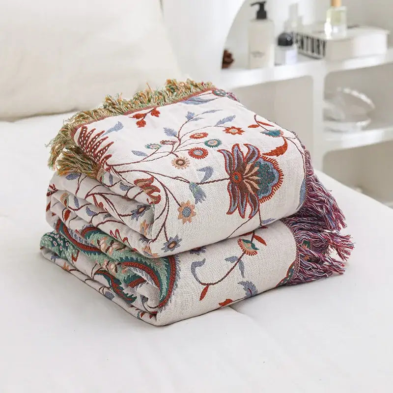 Floral cream jacquard cotton gauze sofa cover living room throw