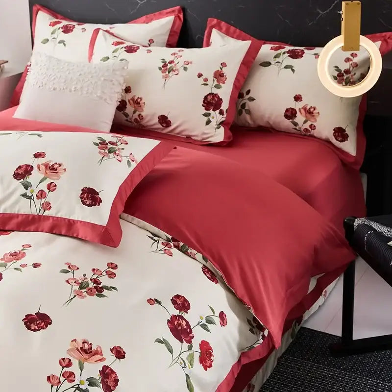 Floral cream & red egyptian cotton bedding set bedroom satin trim
