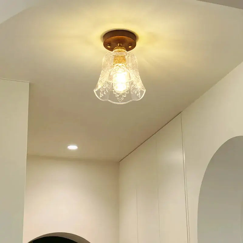 Floral etched glass led ceiling lamp brass & walnut living room