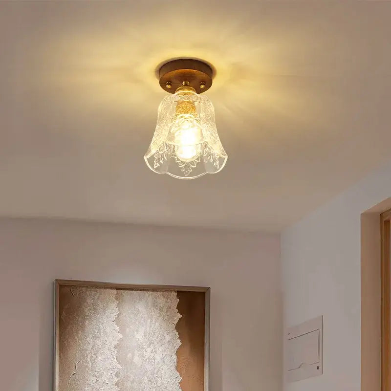 Floral etched glass led ceiling lamp brass & walnut living room