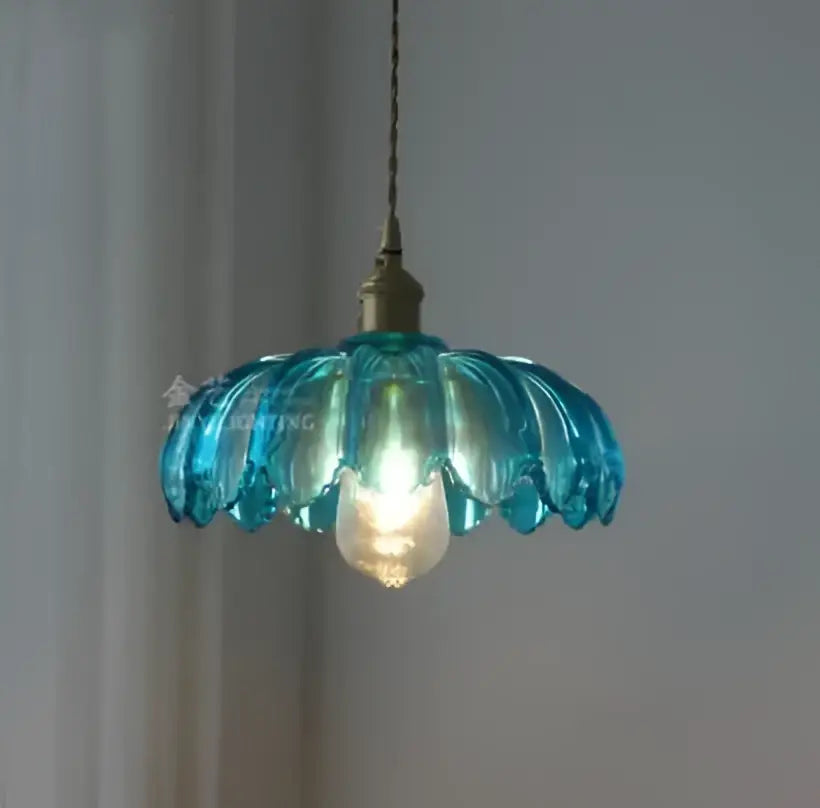 Floral green glass pendant light for dining room golden brass finish