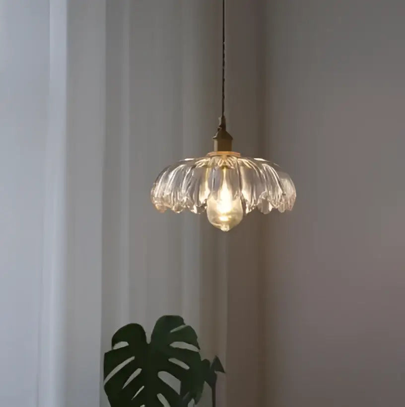 Floral green glass pendant light for dining room golden brass finish