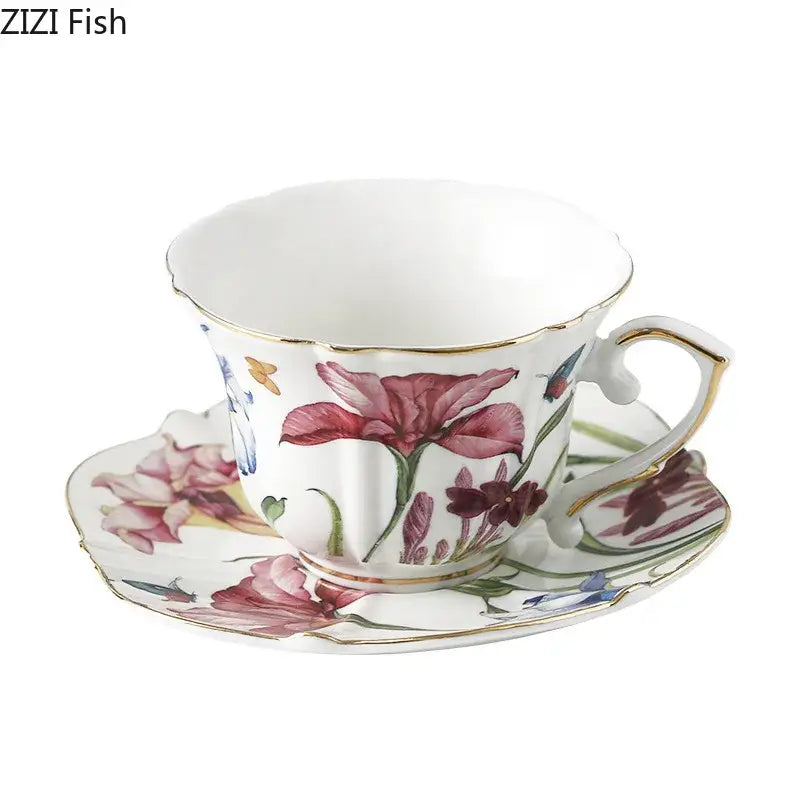 Floral iris pattern porcelain mug set dining room gilded teacup