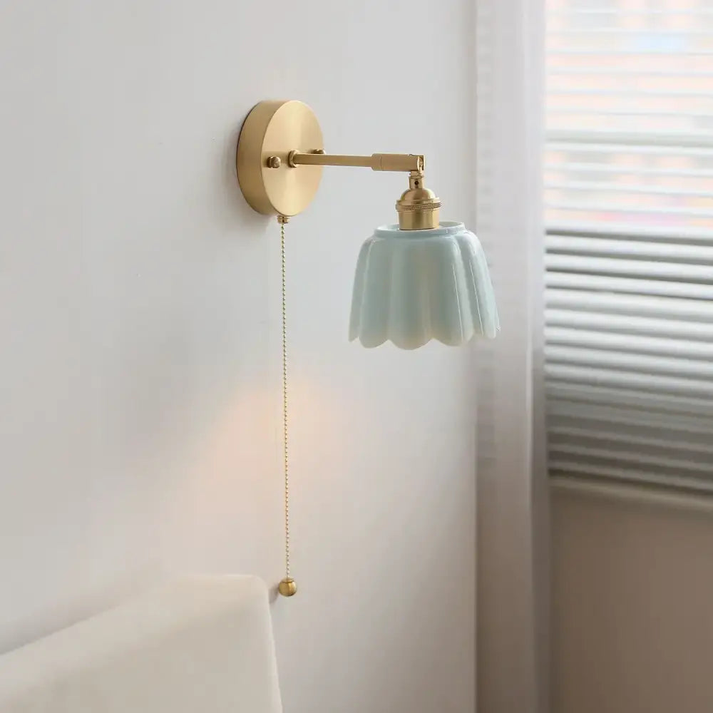 Floral light blue glass wall light fixture bedroom gold pull chain