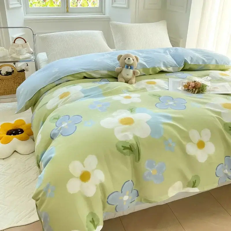 Floral mint green cotton duvet cover bedroom bedding set