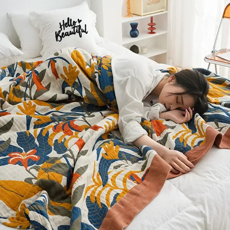 Floral mustard & white cotton throw blanket bedroom quilt