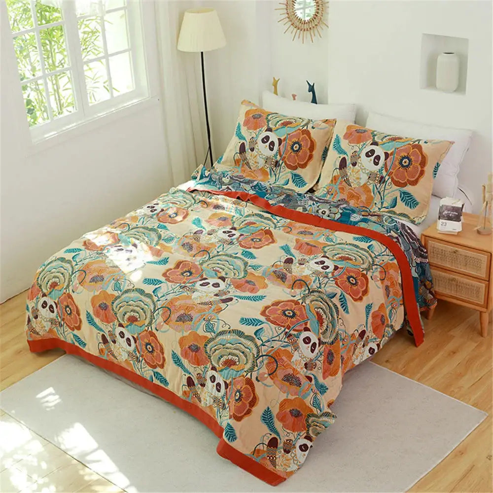 Floral pink and blue cotton gauze towel blanket bedroom throw