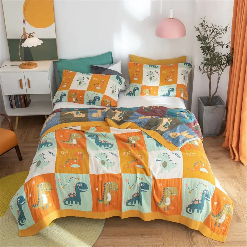 Floral pink and blue cotton gauze towel blanket bedroom throw