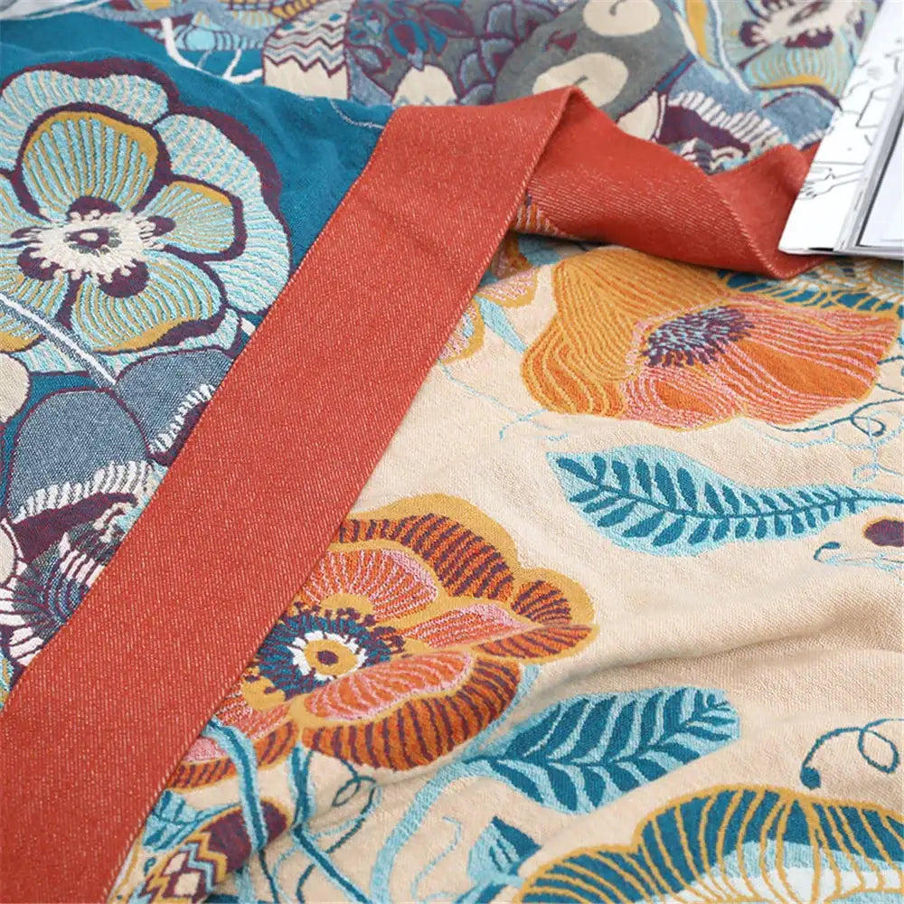 Floral pink and blue cotton gauze towel blanket bedroom throw