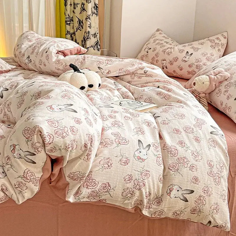 Floral pink & cream cotton flower printed comforter set bedroom bedding