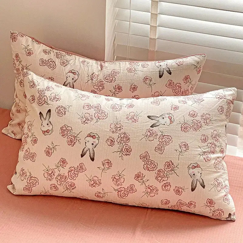 Floral pink & cream cotton flower printed comforter set bedroom bedding