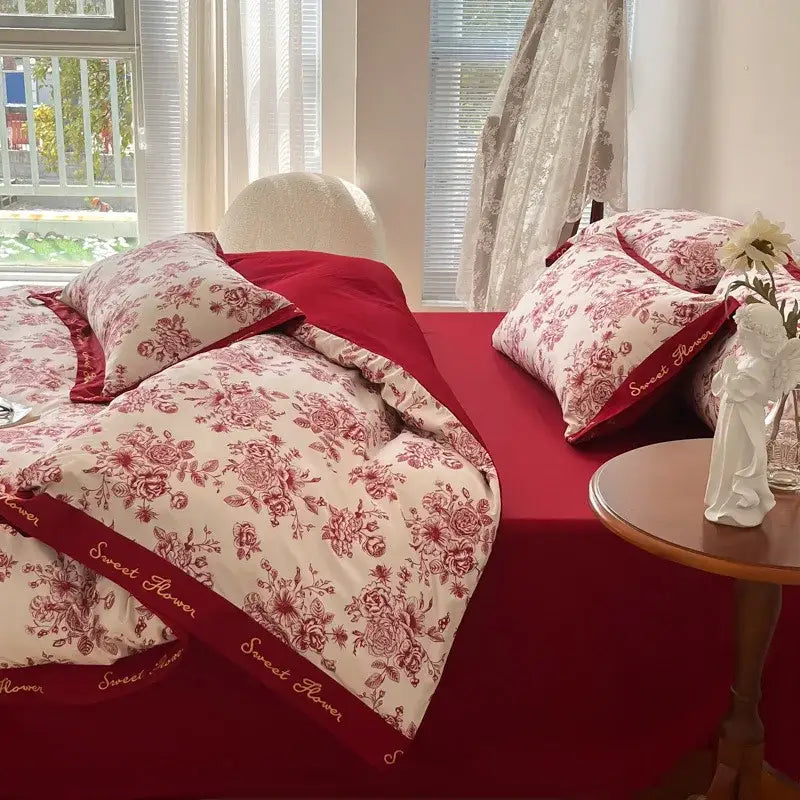 Floral red & white cotton wide edge bedding sets bedroom decor