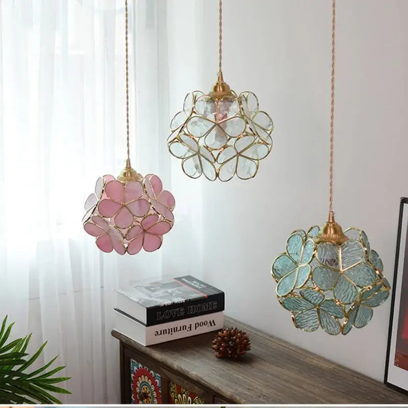 Floral stained glass copper led pendant lamp dining room hanging light