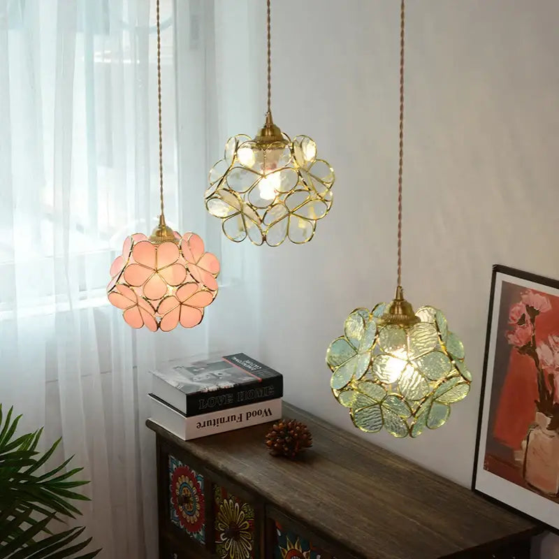Floral stained glass copper led pendant lamp dining room hanging light
