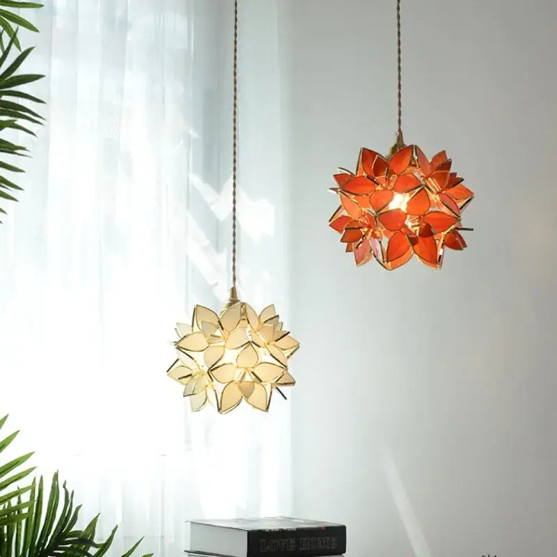Floral stained glass copper led pendant lamp dining room hanging light