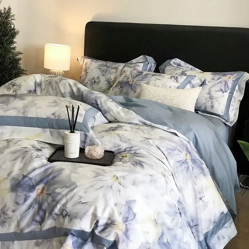 Floral watercolor blue & white egyptian cotton bedding set bedroom