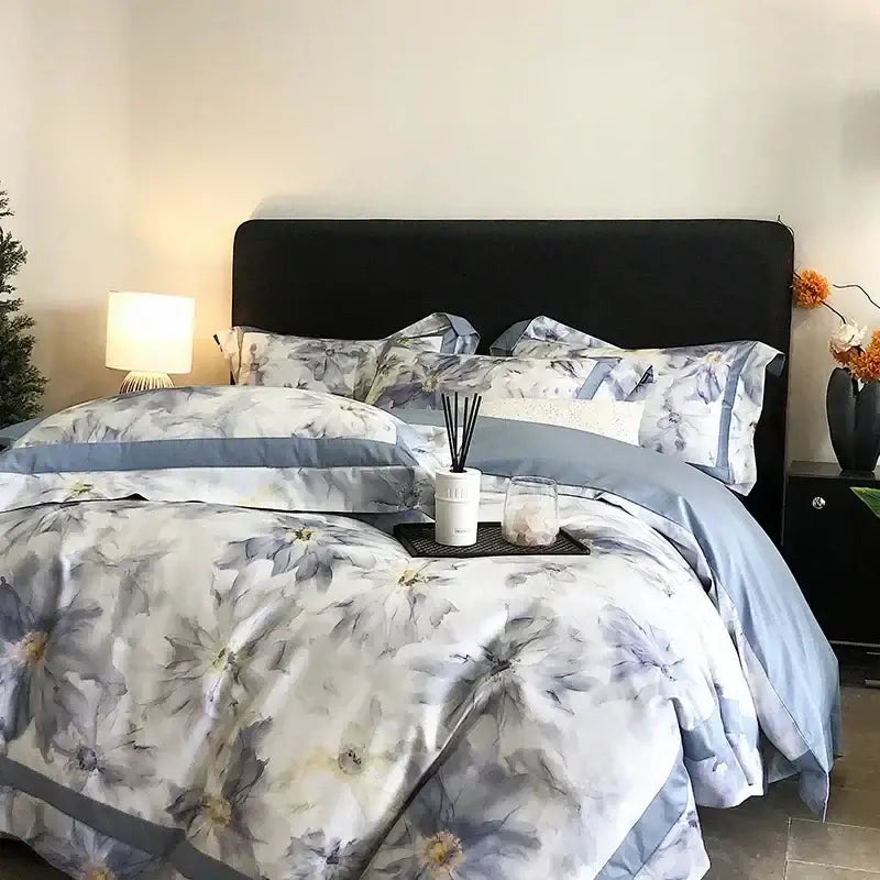 Floral watercolor blue & white egyptian cotton bedding set bedroom
