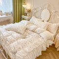 Floral white cotton bedding set with pleat lace ruffles bedroom ensembles