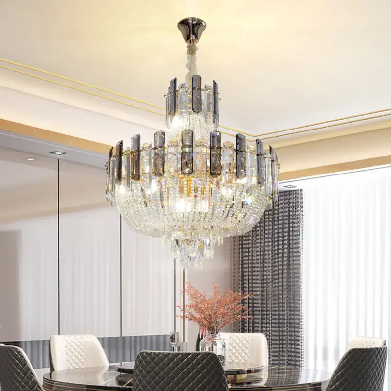 French bead chain crystal chandelier gold and chrome dining room