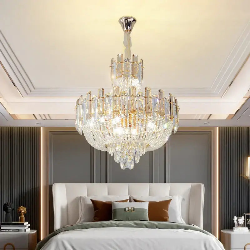 French bead chain crystal chandelier gold and chrome dining room