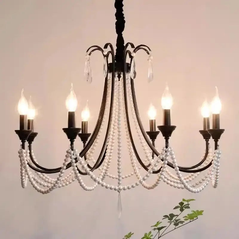 French black e14 candle chandelier pearl crystal living room light