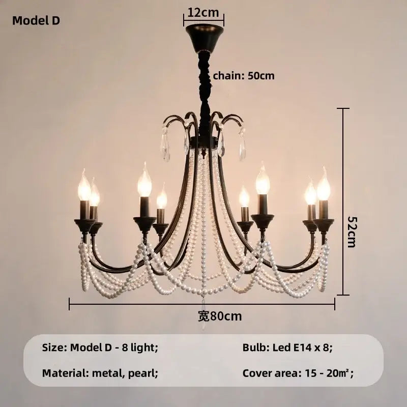 French black e14 candle chandelier pearl crystal living room light