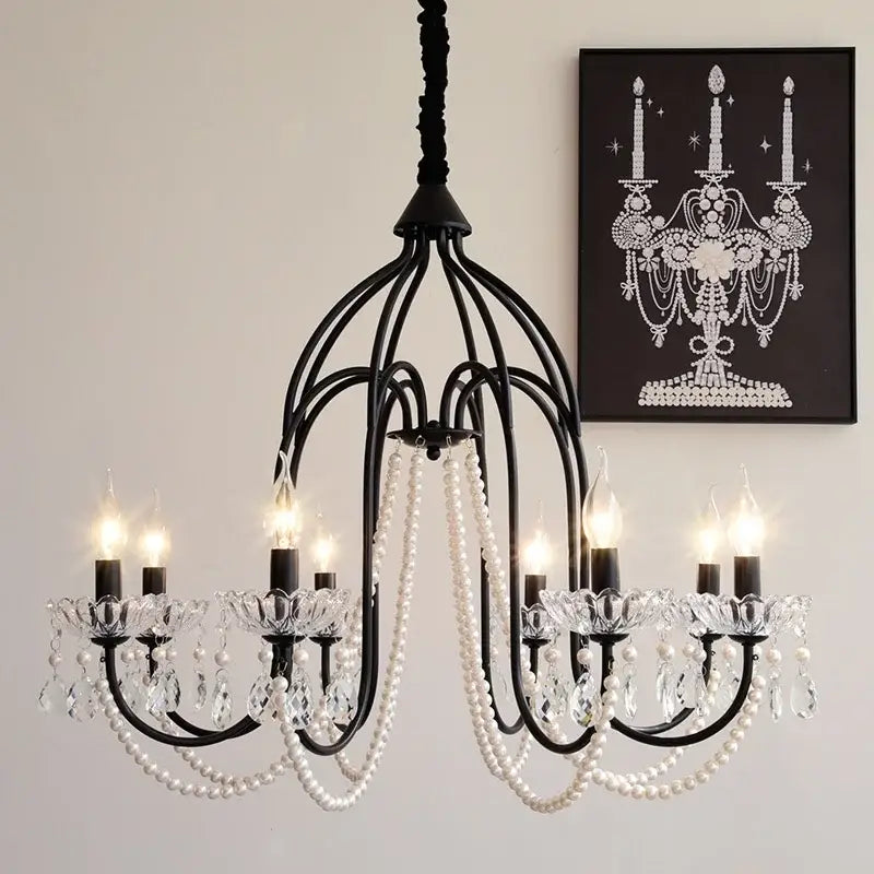 French black e14 candle chandelier pearl crystal living room light