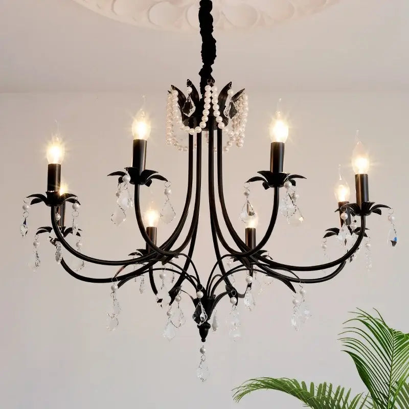 French black e14 candle chandelier pearl crystal living room light