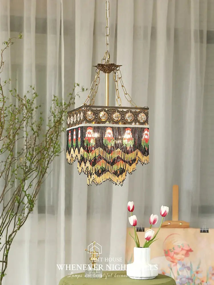 French brass crystal floral chandelier dining room beaded fringe