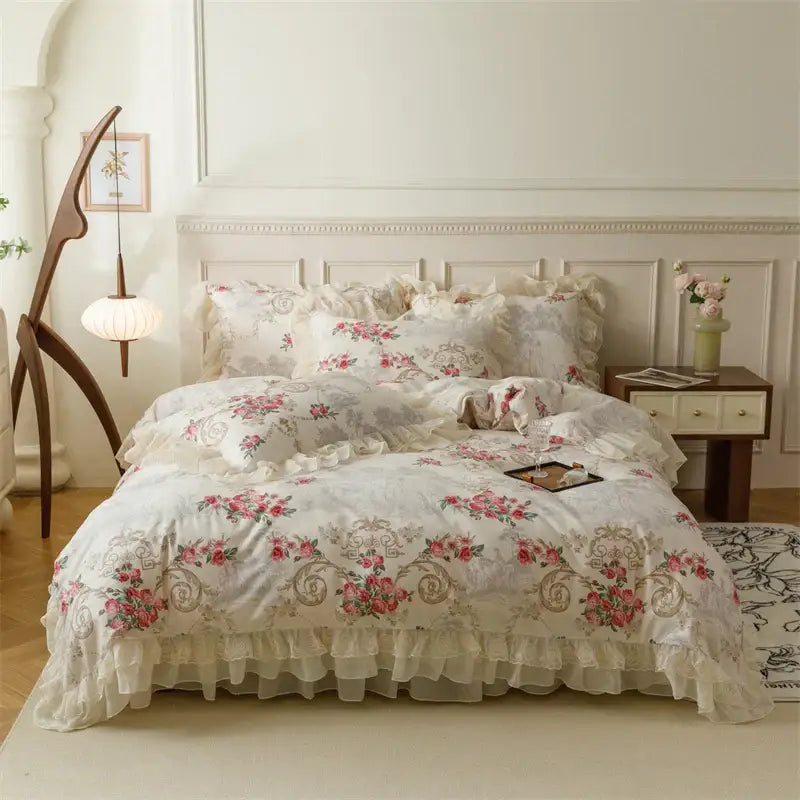 French country flowers cream floral ruffled bedding set bedroom