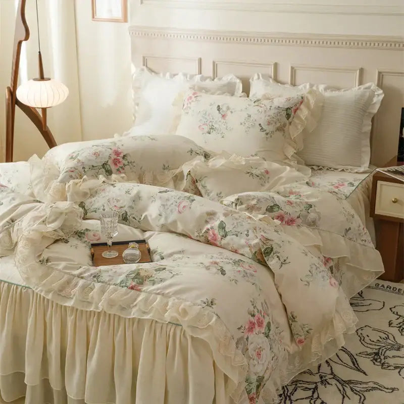 French country flowers cream floral ruffled bedding set bedroom