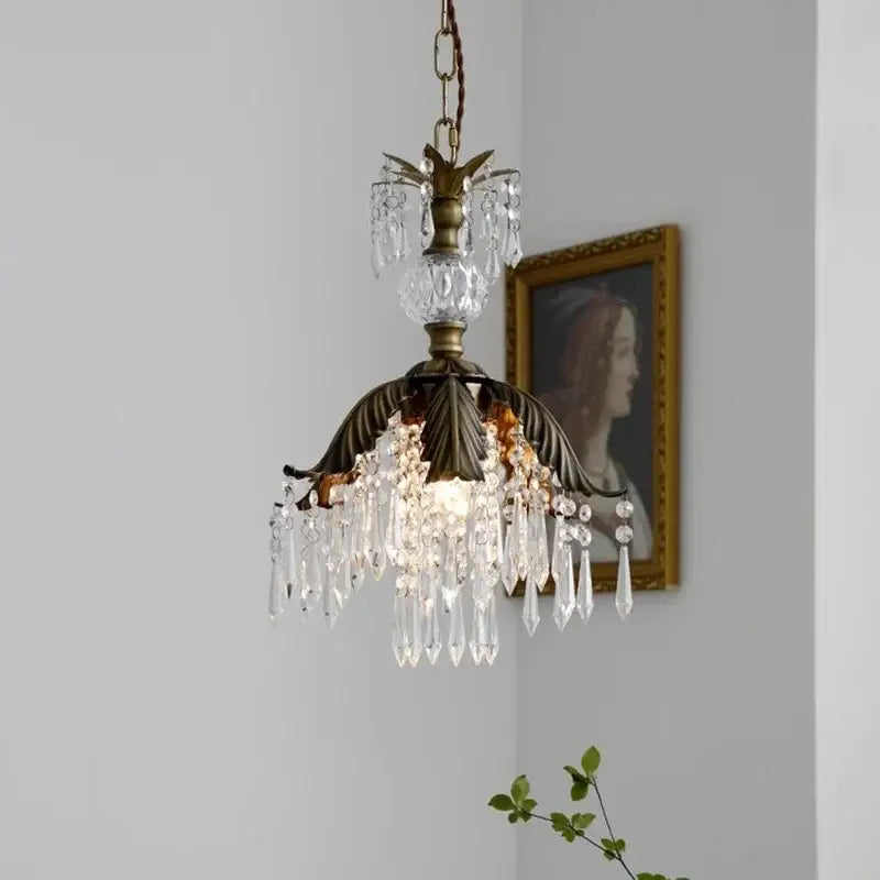 French countryside brass leaf crystal pendant light bedroom chandelier
