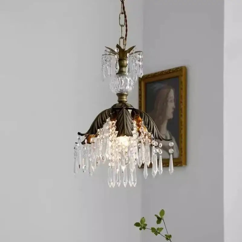 French countryside brass leaf crystal pendant light bedroom chandelier