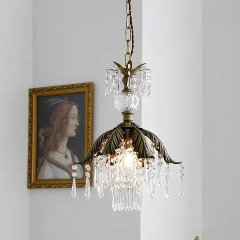 French countryside brass leaf crystal pendant light bedroom chandelier