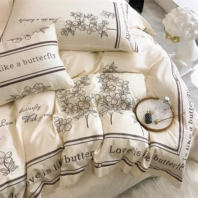 French embroidered cotton bedding set cream & black bedroom decor