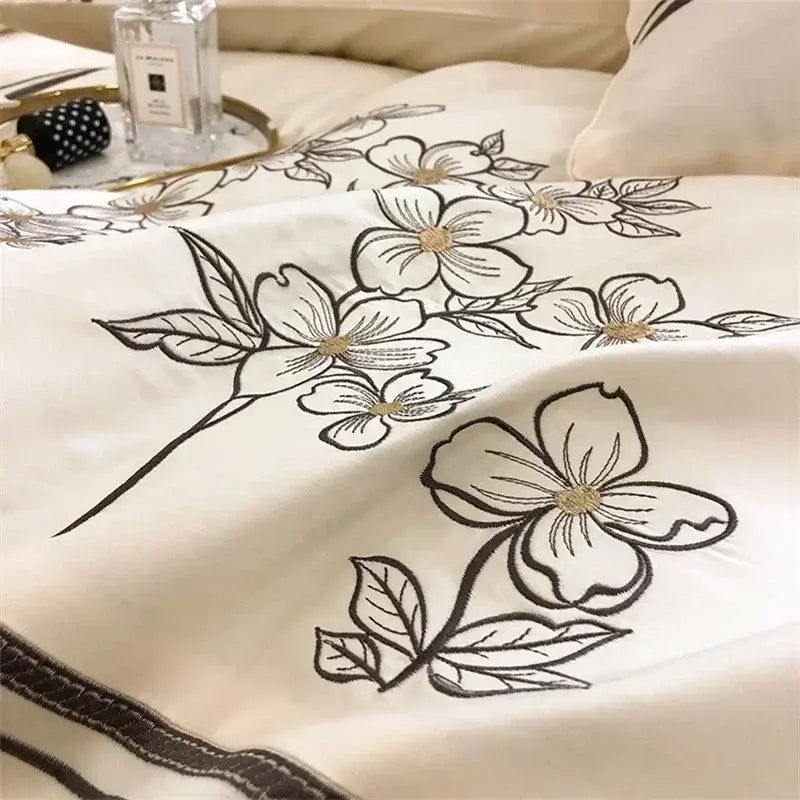 French embroidered cotton bedding set cream & black bedroom decor