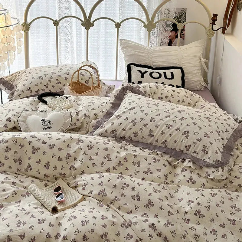 French floral cream and purple double layer lace ruffles bedding set bedroom