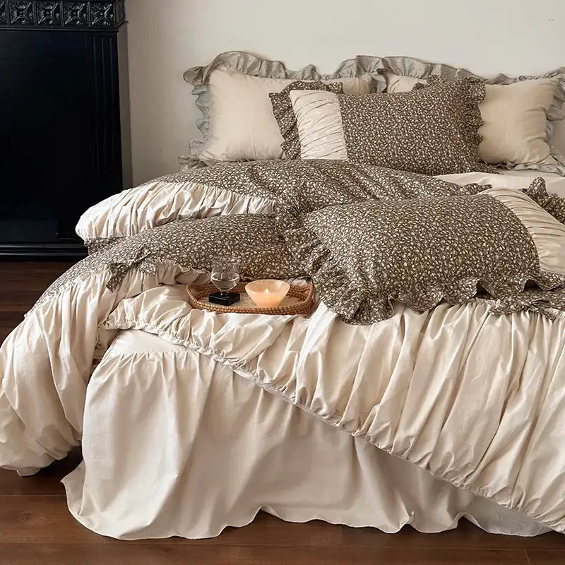 French floral washed cotton bedding set beige & brown bedroom ruffles