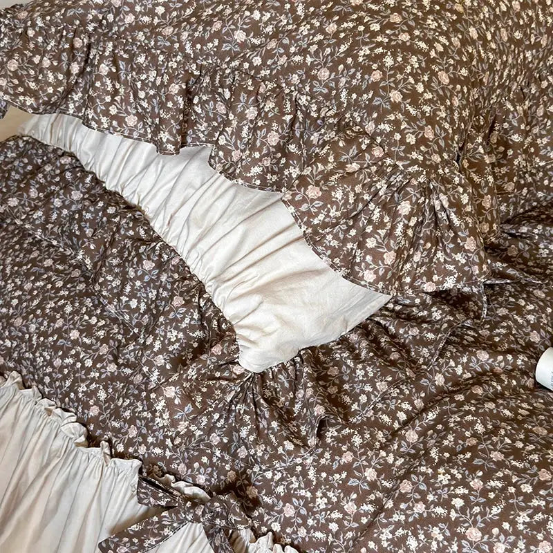 French floral washed cotton bedding set beige & brown bedroom ruffles